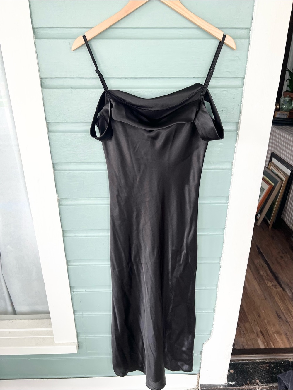 Bebe NEW black satin slip dress off shoulder slinky wedding guest fall size S